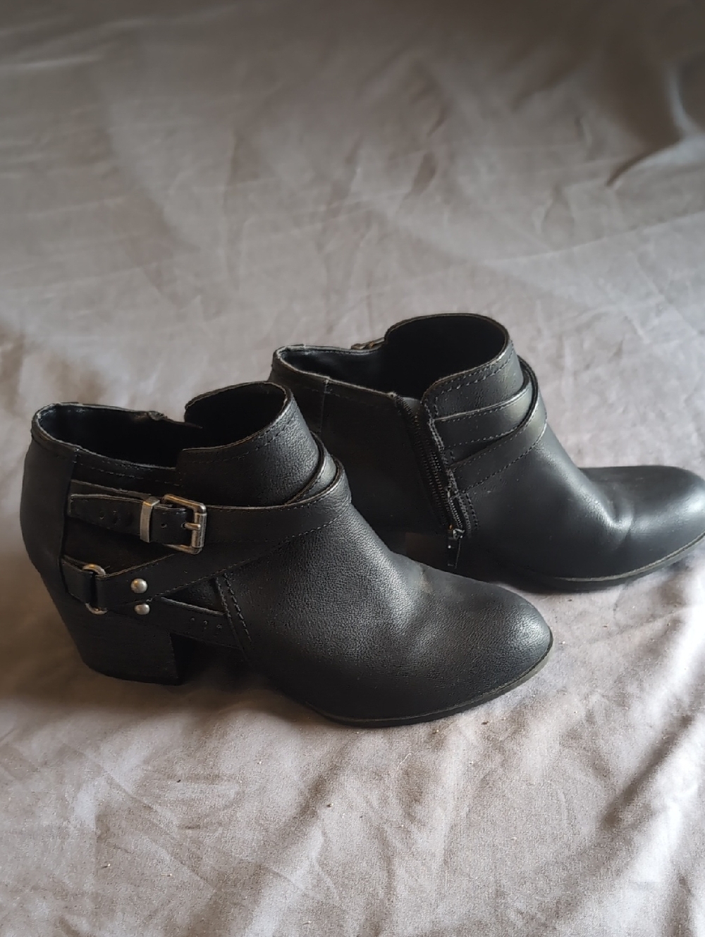 Women's Black Leather Ankle Booties with Buckle Detail